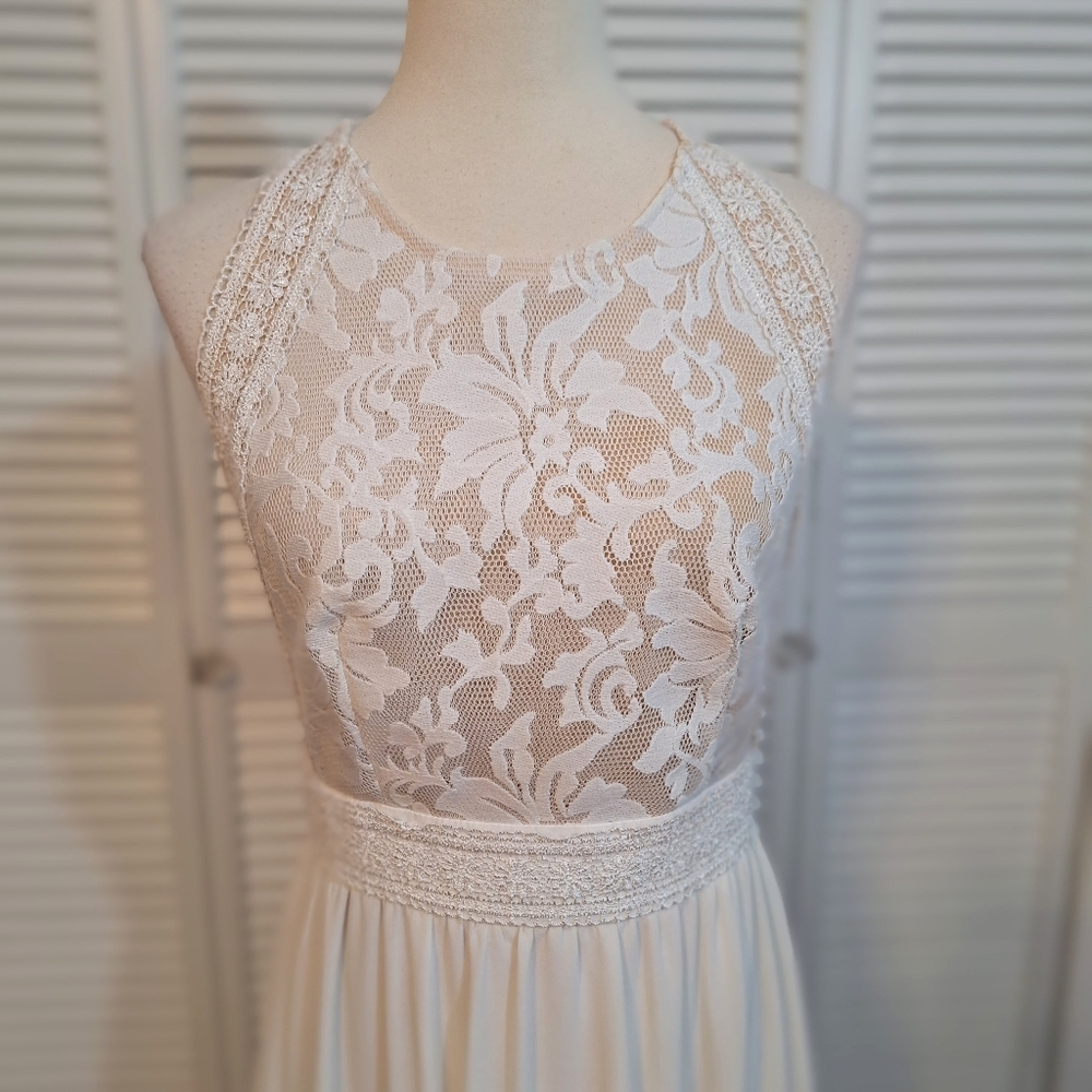 Lulu's ivory nude lace chiffon maxi dress medium *D4 - Picture 8 of 12